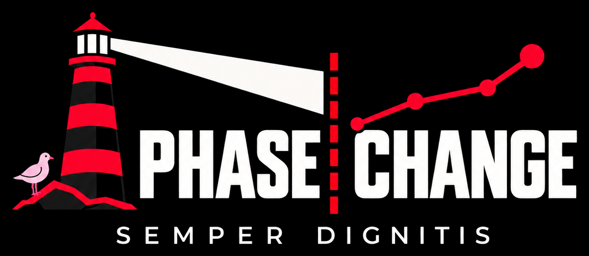Phase Change podcast logo: a red-and-black lighthouse with a pink seagull, its beam crossing a dashed line into a rising data path, with the motto Semper Dignitis.